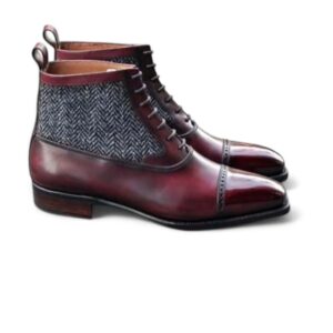 New Handmade Maroon & Gray Half Ankle Cap Toe Leather Lace Up Boot For Men’s