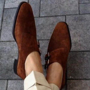 Handmade Brown Double Monk Suede Shoe - leathersguru