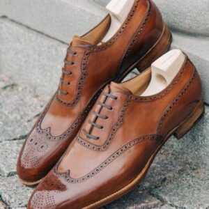 Handmade Leather Tan Wing Tip Brogue Shoe - leathersguru