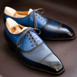 Handmade Black Blue Pebbled Leather Cap Toe Shoe - leathersguru