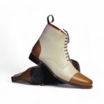 Ankle Brown White Cap Toe Lace Up Leather Boots - leathersguru