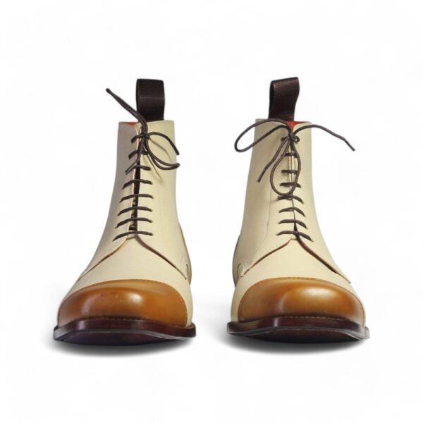 Ankle Brown White Cap Toe Lace Up Leather Boots - leathersguru