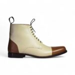 Ankle Brown White Cap Toe Lace Up Leather Boots - leathersguru