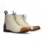 Ankle Brown White Cap Toe Lace Up Leather Boots - leathersguru