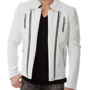 Men's Genuine Lambskin Leather Whiter Jacket Biker Leather Jacket - leathersguru