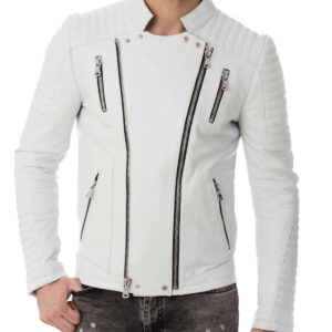 Men's Genuine Lambskin Leather Whiter Jacket Biker Leather Jacket - leathersguru