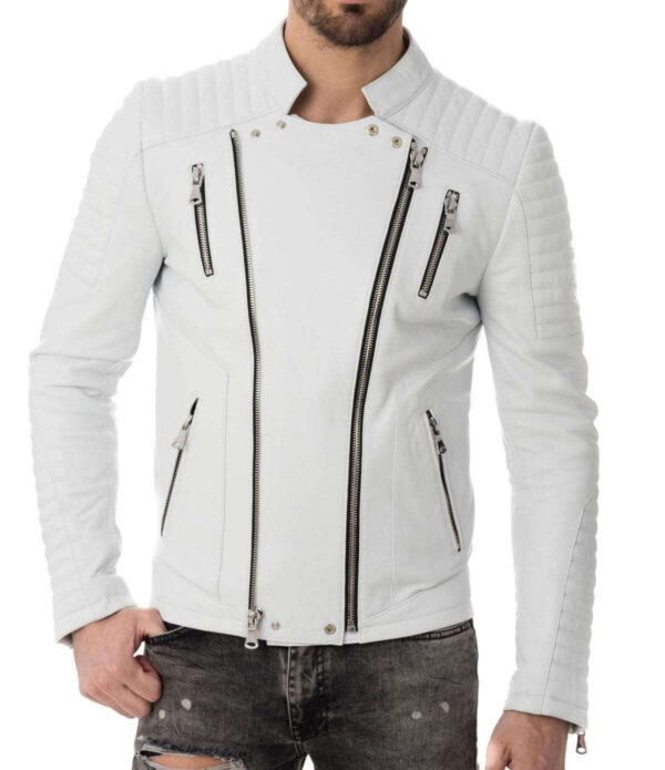 Men's Genuine Lambskin Leather Whiter Jacket Biker Leather Jacket - leathersguru