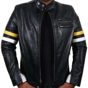 Men Genuine Lambskin Black Leather Tan White Stripped Jacket Slim fit Biker Motorcycle Design jacket - leathersguru