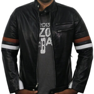 Men Genuine Lambskin Black Leather Brown White Stripped Jacket Slim fit Biker Motorcycle Design jacket - leathersguru