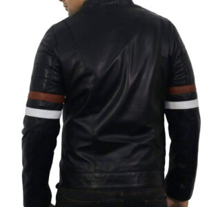 Men Genuine Lambskin Black Leather Brown White Stripped Jacket Slim fit Biker Motorcycle Design jacket - leathersguru