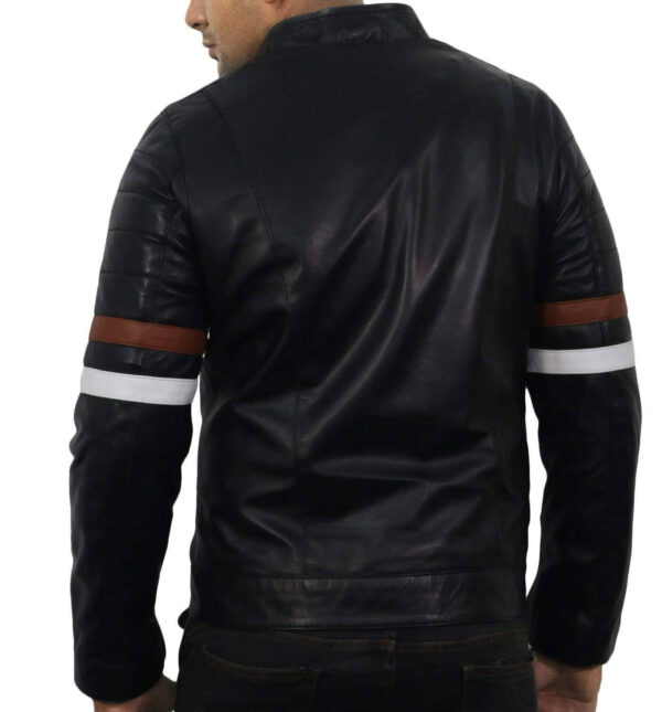 Men Genuine Lambskin Black Leather Brown White Stripped Jacket Slim fit Biker Motorcycle Design jacket - leathersguru