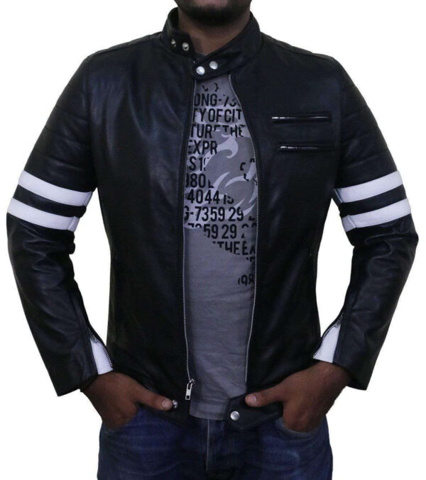 Men Genuine Lambskin Black Leather White Stripped Jacket Slim fit Biker Motorcycle Design jacket - leathersguru