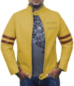 Men Genuine Lambskin Yellow Leather Brown Stripped Jacket Slim fit Biker Motorcycle Design jacket - leathersguru