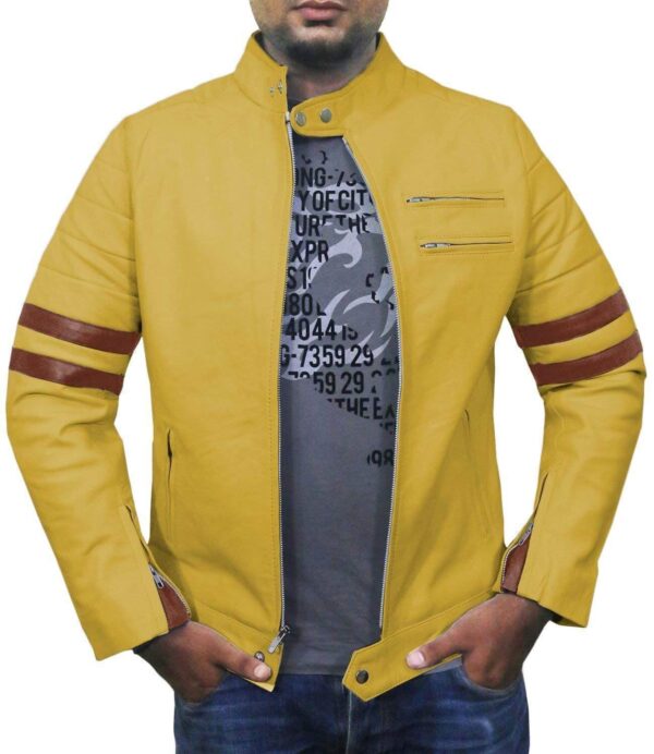 Men Genuine Lambskin Yellow Leather Brown Stripped Jacket Slim fit Biker Motorcycle Design jacket - leathersguru