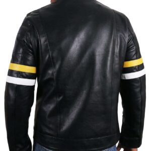 Men Genuine Lambskin Black Leather Tan White Stripped Jacket Slim fit Biker Motorcycle Design jacket - leathersguru