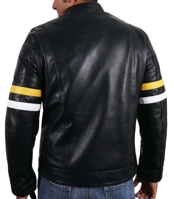 Men Genuine Lambskin Black Leather Tan White Stripped Jacket Slim fit Biker Motorcycle Design jacket - leathersguru