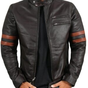 Men Genuine Lambskin Black Leather Brown Stripped Jacket Slim fit Biker Motorcycle Design jacket - leathersguru