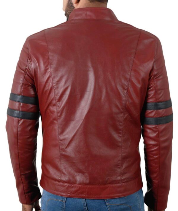 Men Genuine Lambskin Maroon Leather Navy Blue Stripped Jacket Slim fit Biker Motorcycle Design jacket - leathersguru