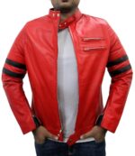 Men Genuine Lambskin Red Leather Black Stripped Jacket Slim fit Biker Motorcycle Design jacket - leathersguru