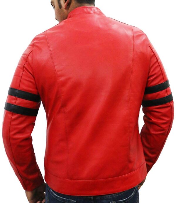 Men Genuine Lambskin Red Leather Black Stripped Jacket Slim fit Biker Motorcycle Design jacket - leathersguru