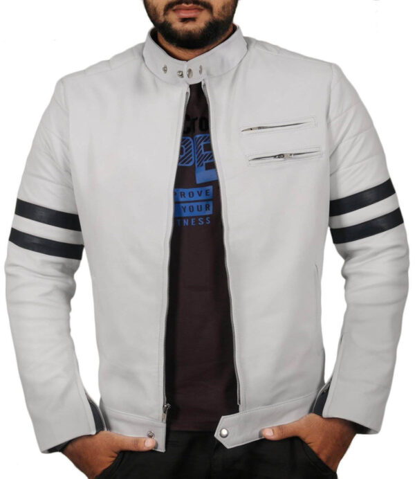 Men Genuine Lambskin White Leather Black Stripped Jacket Slim fit Biker Motorcycle Design jacket - leathersguru