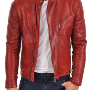 Men's Genuine Lambskin Leather Jacket Red Slim fit Motorcycle jacket - leathersguru