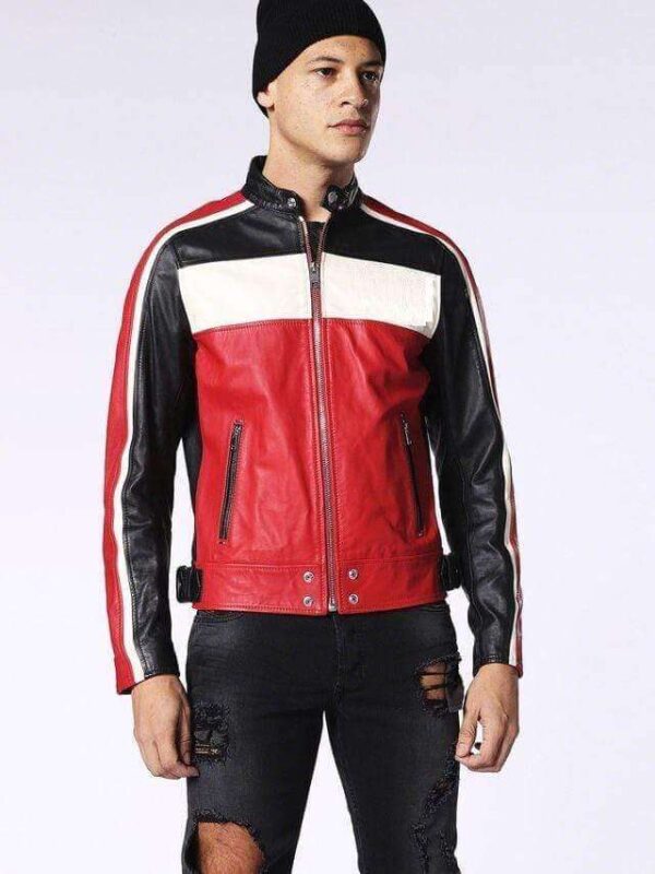 Men's Genuine Leather Jacket Multi-color Black white red Slim fit Biker - leathersguru