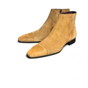 New Men's Handmade Beige Ankle High Suede Side Zipper Cap Toe Boot