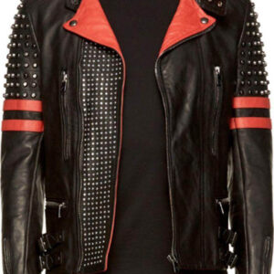 New Men's Back Red Half Silver Studded Stripes Biker Leather Jacket - leathersguru