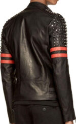 New Men's Back Red Half Silver Studded Stripes Biker Leather Jacket - leathersguru