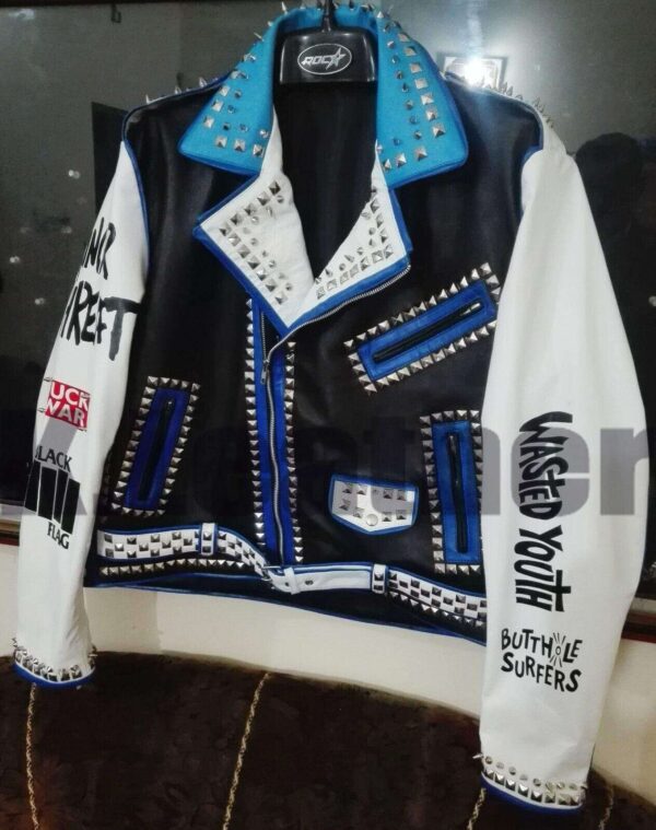 Mens Multi color Studded Printed Logos Punk Leather Jacket - leathersguru