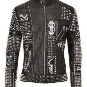 Mens Punk Biker Full Black Studded Embroidery Patches Leather Jacket - leathersguru