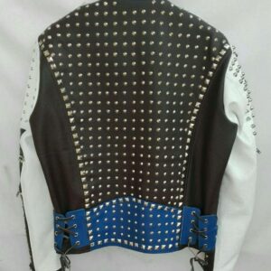 Mens Punk Blue White Silver Studded Cowhide Leather Jacket - leathersguru