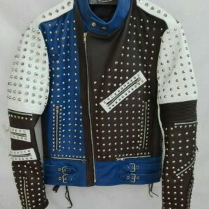 Mens Punk Blue White Silver Studded Cowhide Leather Jacket - leathersguru