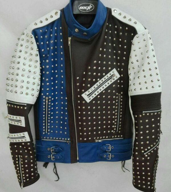 Mens Punk Blue White Silver Studded Cowhide Leather Jacket - leathersguru