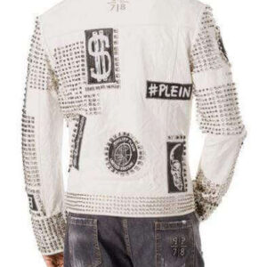 Mens Punk Full White Studded Embroidery Patches Leather Jacket - leathersguru