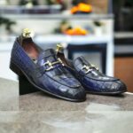 New Stylish Blue Crocodile Texture Loafer Shoes, Handmade Men's Horsebit Style Shoes