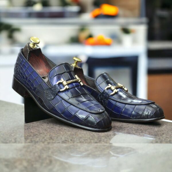 New Stylish Blue Crocodile Texture Loafer Shoes, Handmade Men's Horsebit Style Shoes