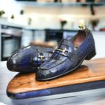 New Stylish Blue Crocodile Texture Loafer Shoes, Handmade Men's Horsebit Style Shoes