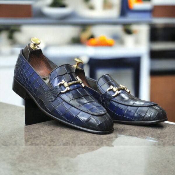 New Stylish Blue Crocodile Texture Loafer Shoes, Handmade Men's Horsebit Style Shoes