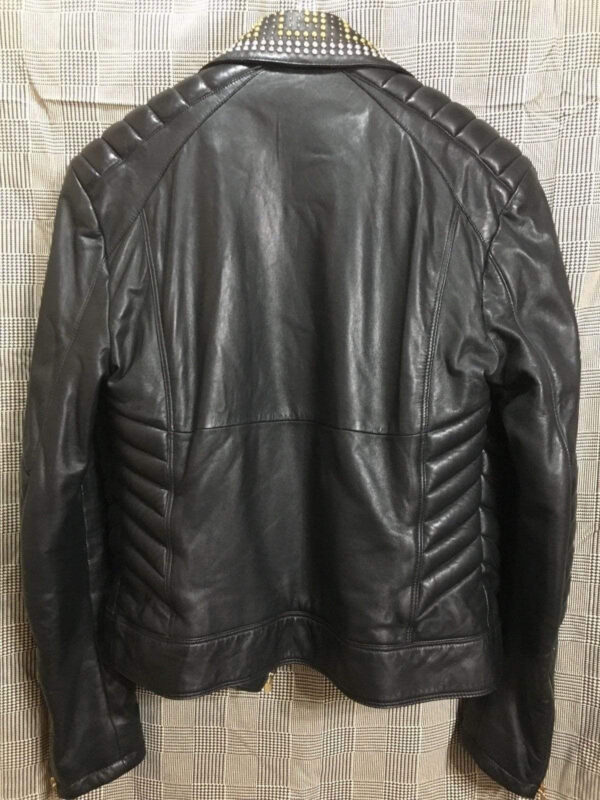 Golden Silver Studded Mens Black Cowhide Leather Jacket - leathersguru