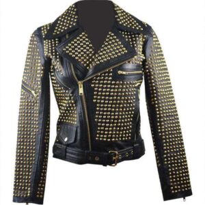 Woman Black Full Golden Studded Brando Style Punk Cowhide Leather Jacket - leathersguru