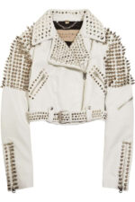 Woman Full White Punk Brando Spiked Studded Leather Jacket - leathersguru