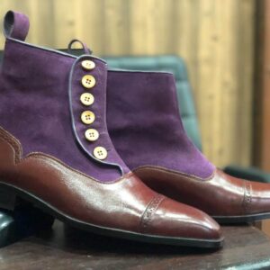 New Ankle Boots Brown & Purple Button Top Cap Toe Leather Suede Boot