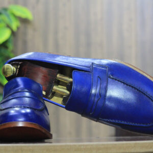 New Handmade Blue Pure Leather Shoes, Penny Loafer Shoes, Men's Round Toe Shoes