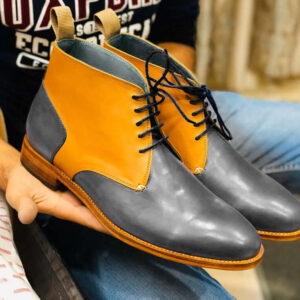 New Handmade Half Ankle Gray & Tan Leather Lace Up Boot For Men's