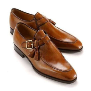 New Handmade Men Tan Leather Shoes, Single Monk Strap Dress Formal Leather Shoes