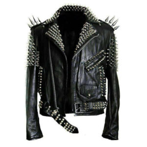 New Handmade Men's Black Fashion Long Studded Punk Style Leather Jacket