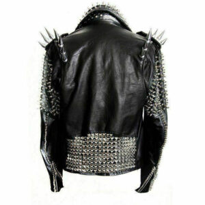 New Handmade Men's Black Fashion Long Studded Punk Style Leather Jacket