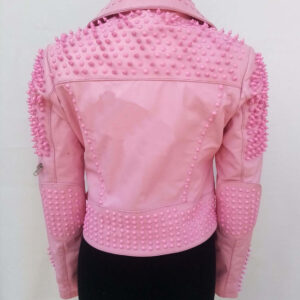 New Handmade Women Pink Full Spiked Studded Rock Punk Belted Brando Stylish Designed Cowhide Leather Jacket